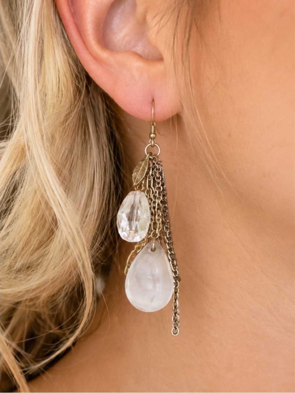 Boho dangle earrings, with leaf charm and layered chains